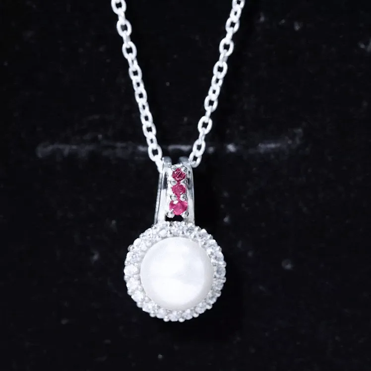 White Pearl Drop Pendant Necklace with Ruby and Diamond