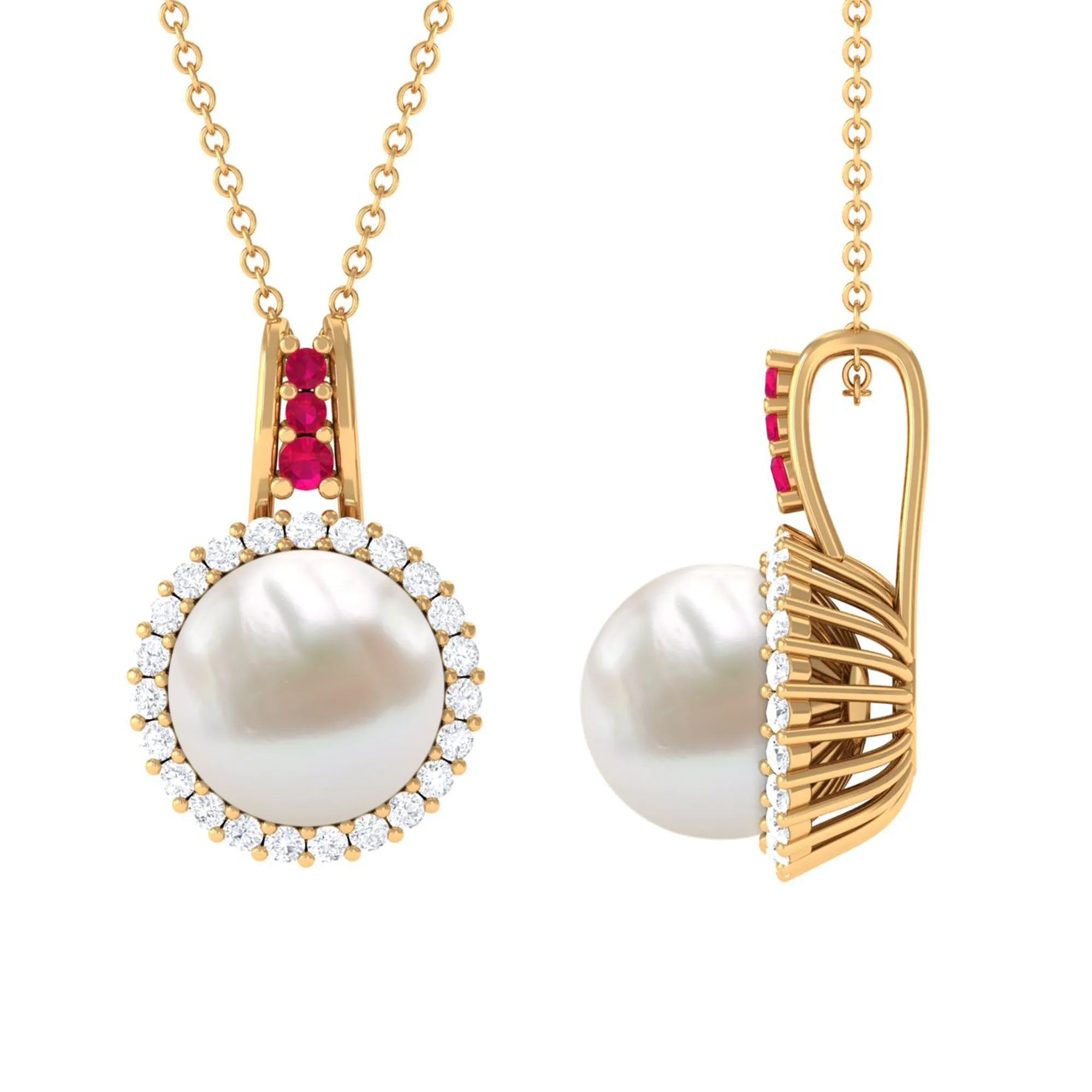 White Pearl Drop Pendant Necklace with Ruby and Diamond