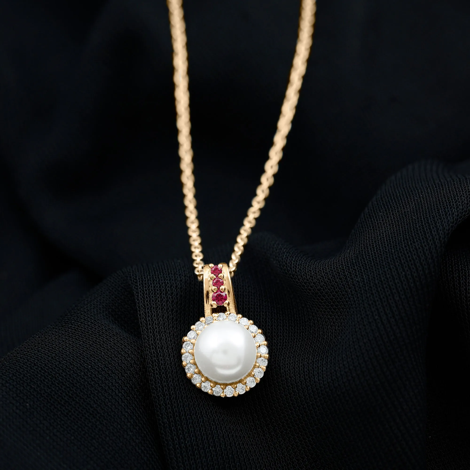 White Pearl Drop Pendant Necklace with Ruby and Diamond