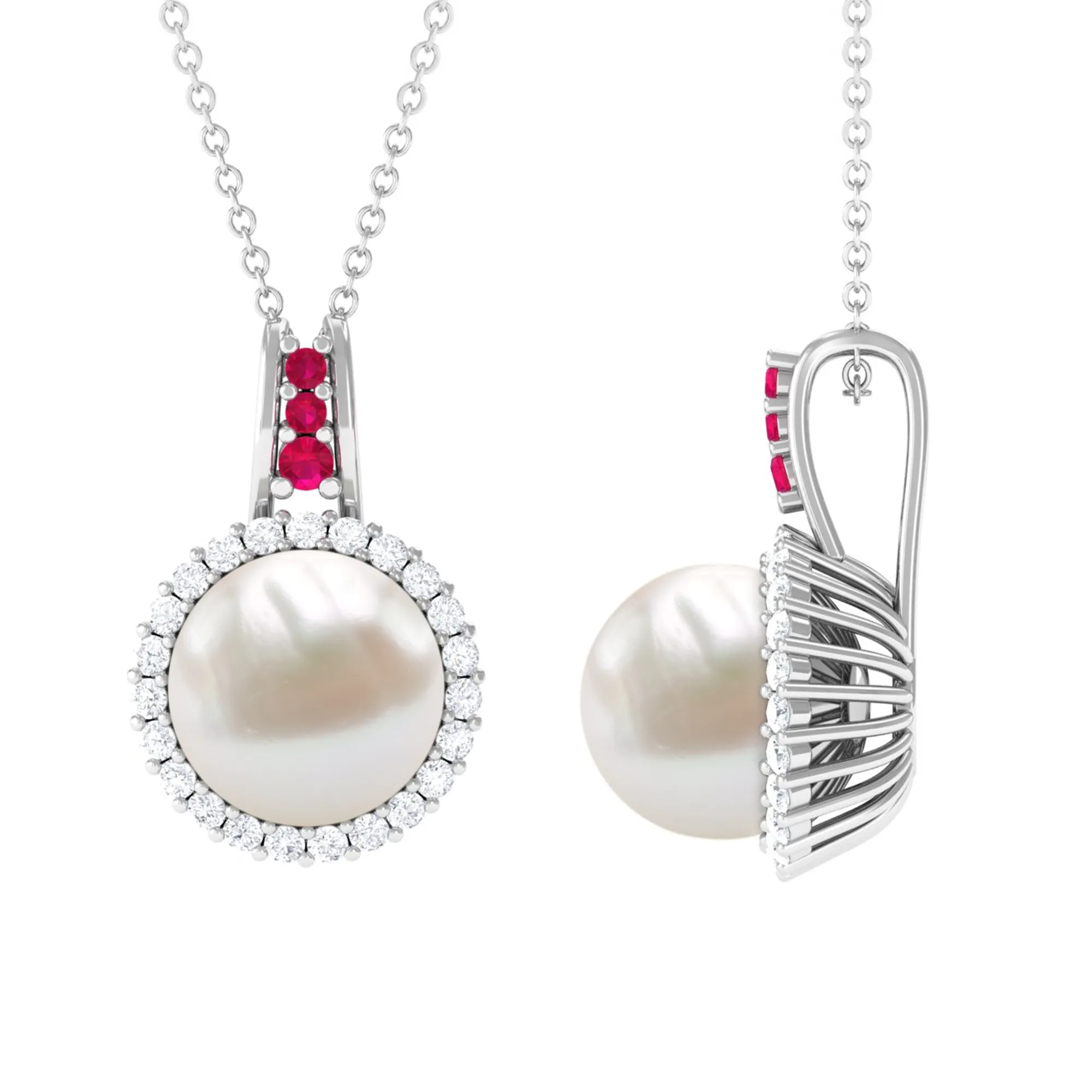 White Pearl Drop Pendant Necklace with Ruby and Diamond