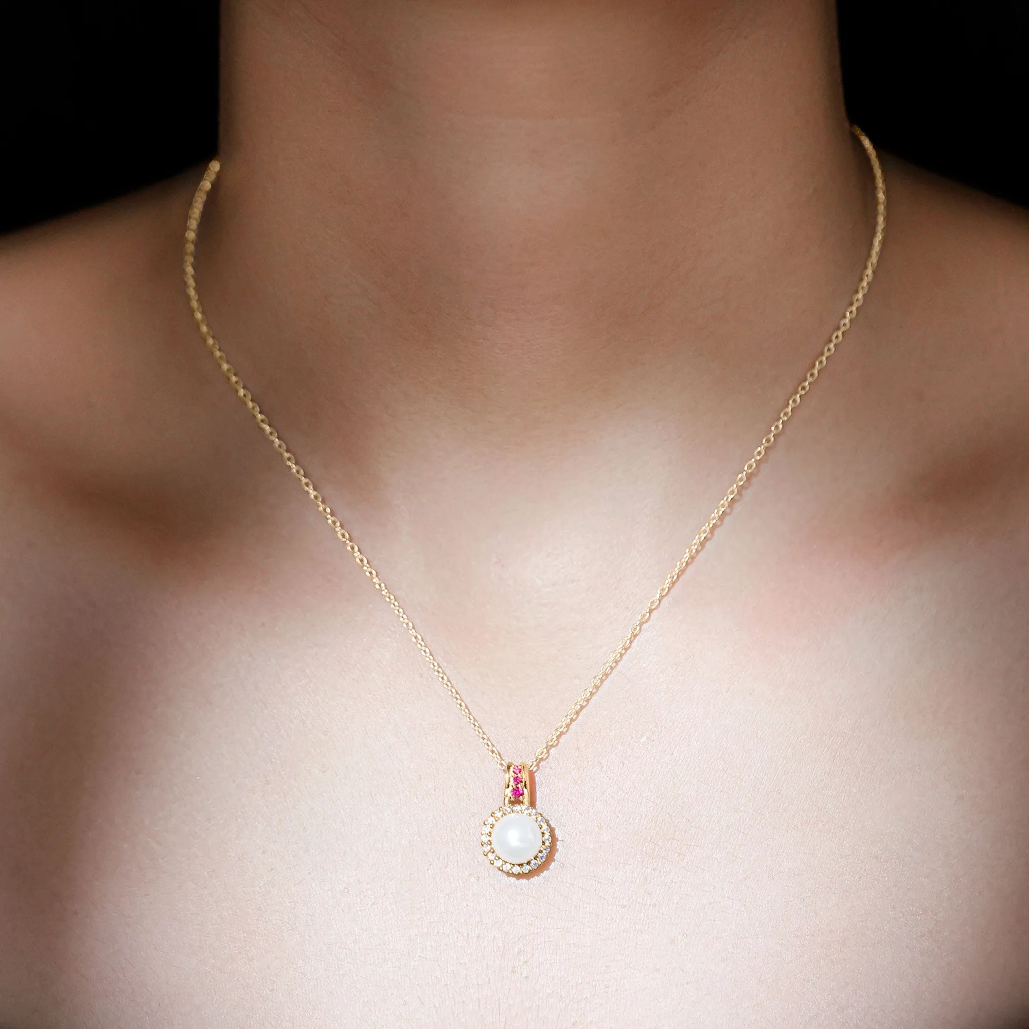 White Pearl Drop Pendant Necklace with Ruby and Diamond