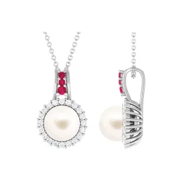 White Pearl Drop Pendant Necklace with Ruby and Diamond