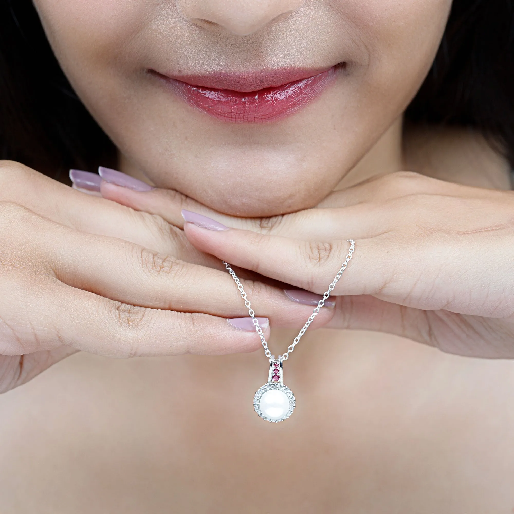 White Pearl Drop Pendant Necklace with Ruby and Diamond