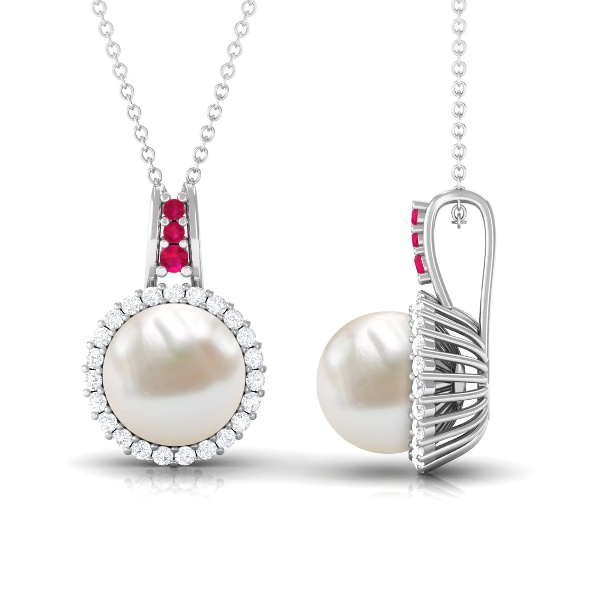 White Pearl Drop Pendant Necklace with Ruby and Diamond