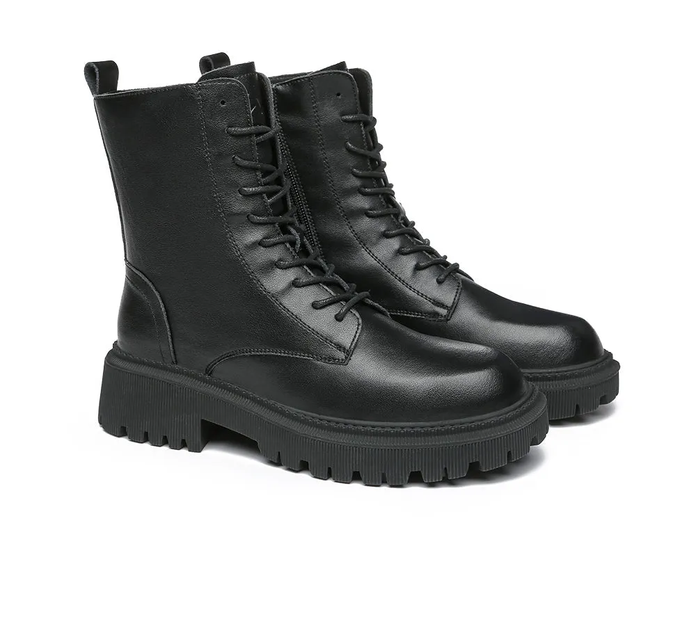 Women Boots Chunky Black Leather Lace Up Boots Cecilia