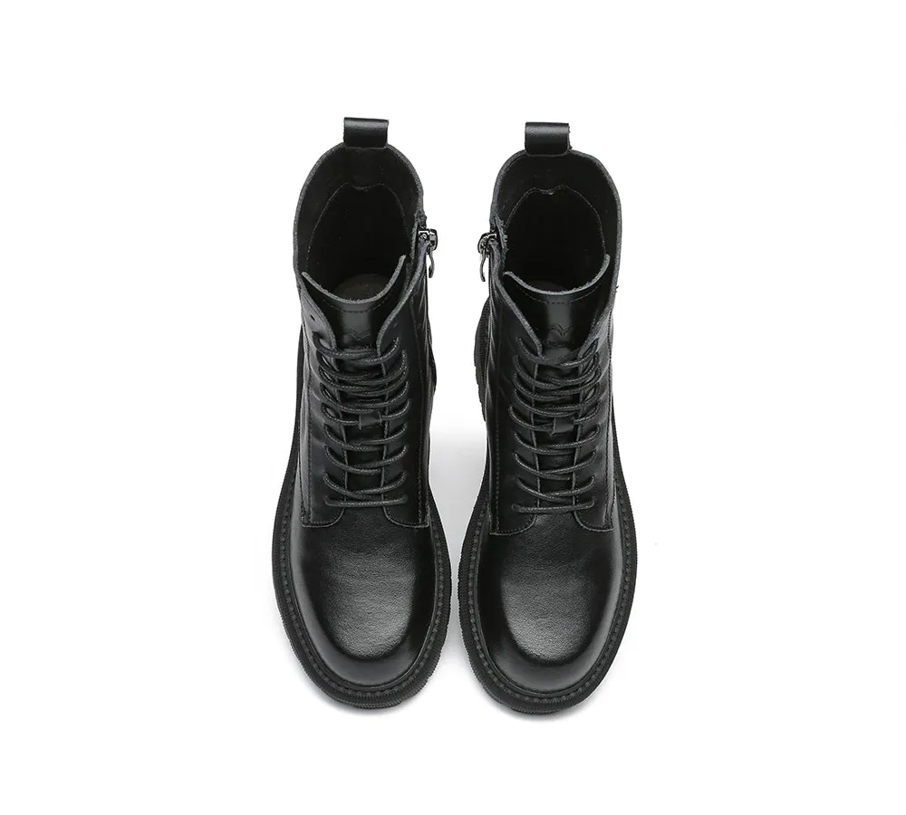 Women Boots Chunky Black Leather Lace Up Boots Cecilia