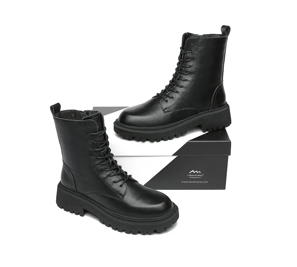 Women Boots Chunky Black Leather Lace Up Boots Cecilia