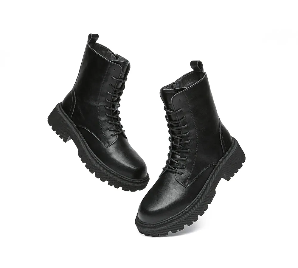 Women Boots Chunky Black Leather Lace Up Boots Cecilia