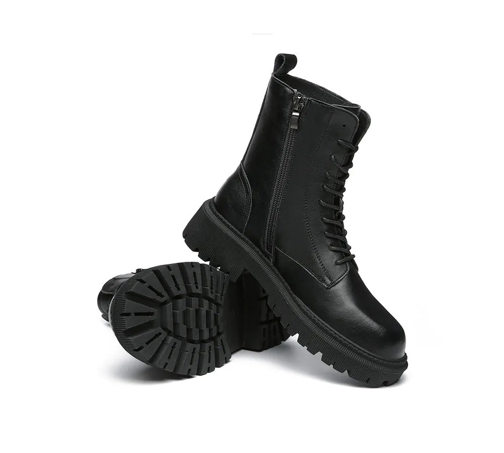 Women Boots Chunky Black Leather Lace Up Boots Cecilia