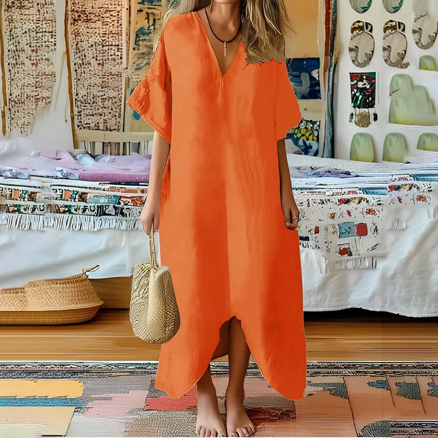 Women's 2025 Linen Casual Dresses Flowy V Neck Short Sleeve Maxi Dress Lightweight Summer Beach Vacation Clothes