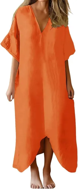 Women's 2025 Linen Casual Dresses Flowy V Neck Short Sleeve Maxi Dress Lightweight Summer Beach Vacation Clothes