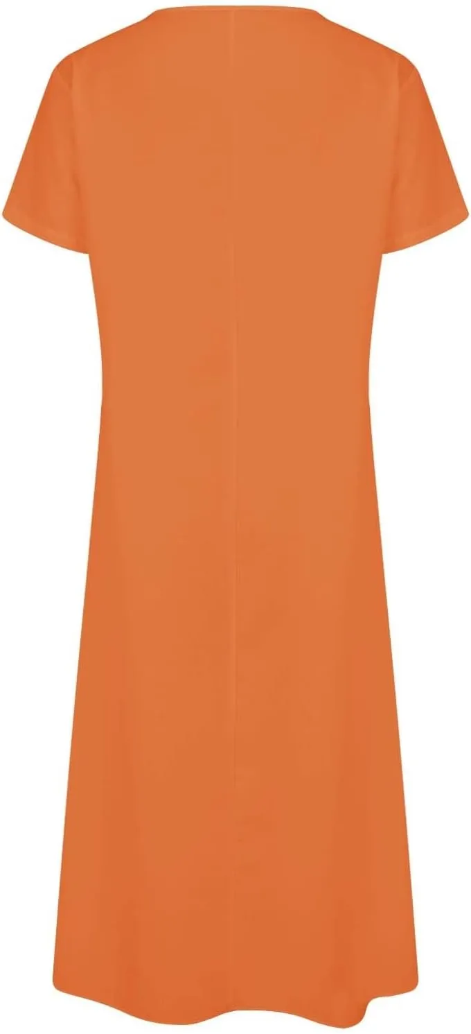 Women's 2025 Linen Casual Dresses Flowy V Neck Short Sleeve Maxi Dress Lightweight Summer Beach Vacation Clothes