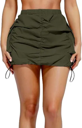 Womens Cargo Skirt Y2K - Casual Summer High Waisted Bodycon Pencil Ruched Mini Skirts Side Drawstring and Pockets