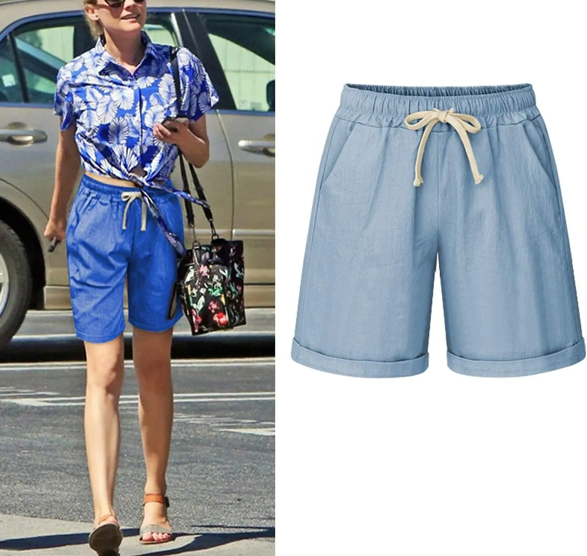 Women's Casual Elastic Waist Comfy Curling Knee Length Bermuda Shorts with Drawstring