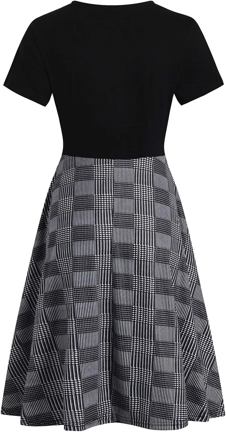 Women's Elegant Criss-Cross V Neck Vintage Short Sleeve Work Casual Fit and Flare Tea Dress with Pockets 980