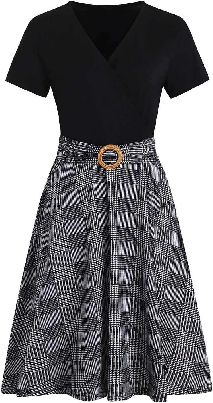 Women's Elegant Criss-Cross V Neck Vintage Short Sleeve Work Casual Fit and Flare Tea Dress with Pockets 980