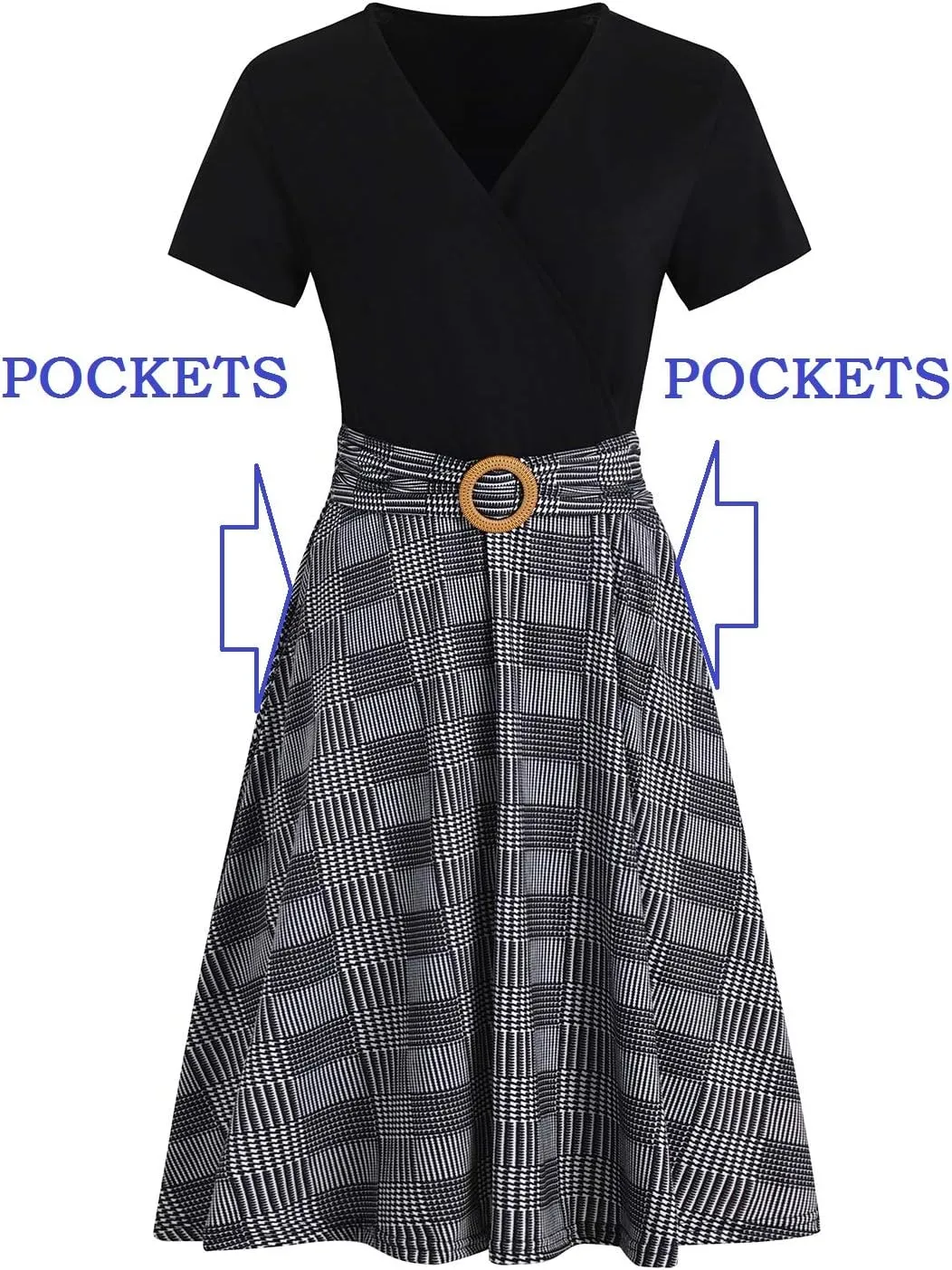 Women's Elegant Criss-Cross V Neck Vintage Short Sleeve Work Casual Fit and Flare Tea Dress with Pockets 980