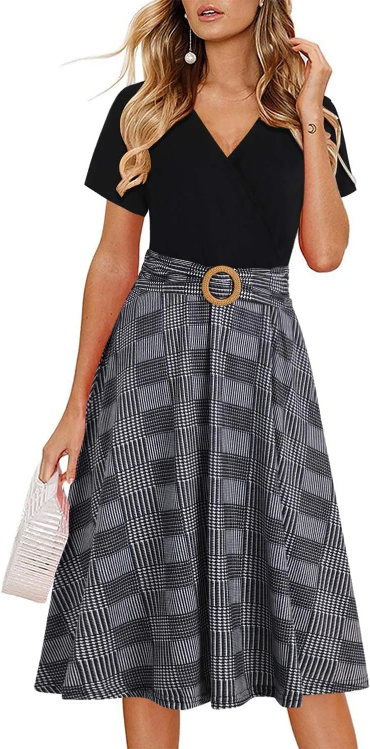 Women's Elegant Criss-Cross V Neck Vintage Short Sleeve Work Casual Fit and Flare Tea Dress with Pockets 980
