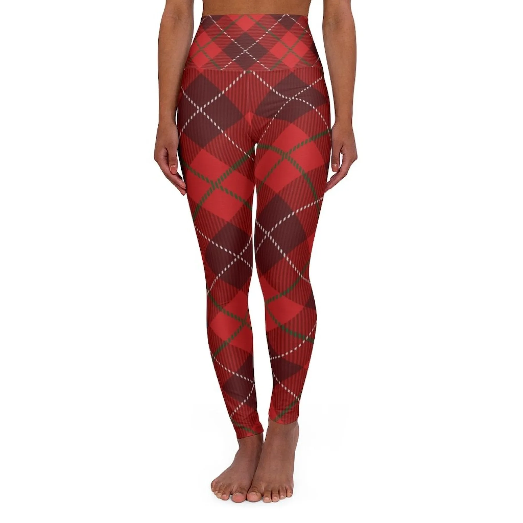 Womens Leggings, Red Plaid Style High Waisted Fitness Pants