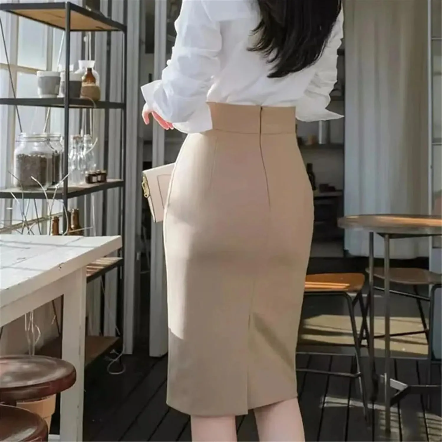 Women's Office Pencil Skirt Slim High Waist Solid Color Tight Back Slit Zipper Skirt