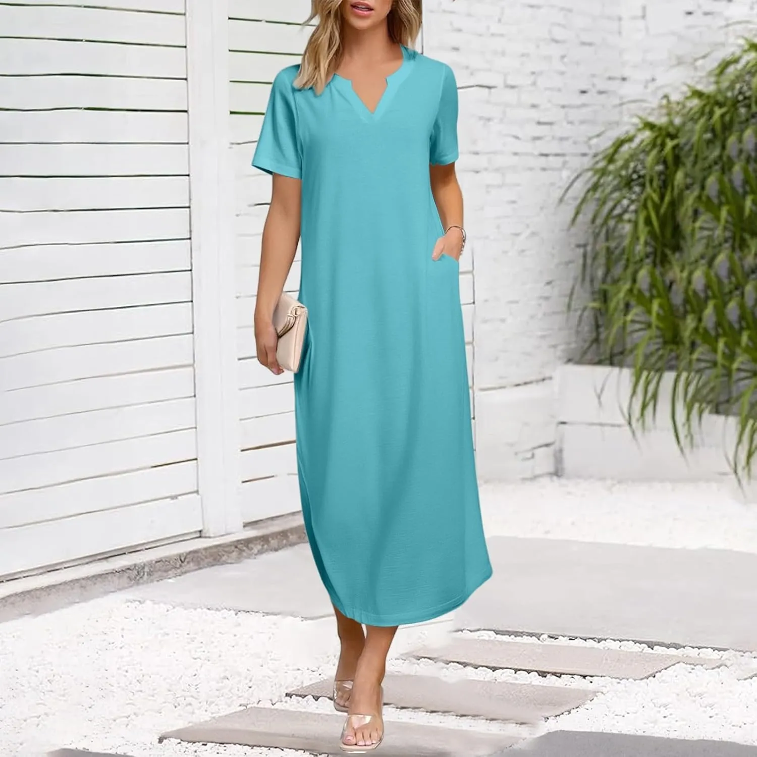 Women's Summer Casual Maxi Dress Short Sleeves V Neck Loose Split Long Beach Shirt Dresses Vacation with Pockets