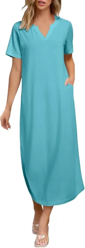 Women's Summer Casual Maxi Dress Short Sleeves V Neck Loose Split Long Beach Shirt Dresses Vacation with Pockets