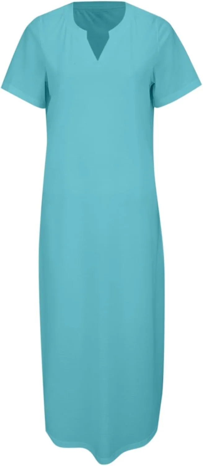 Women's Summer Casual Maxi Dress Short Sleeves V Neck Loose Split Long Beach Shirt Dresses Vacation with Pockets