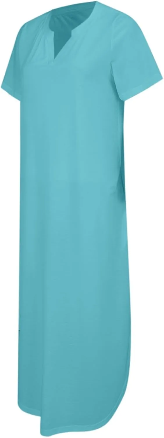 Women's Summer Casual Maxi Dress Short Sleeves V Neck Loose Split Long Beach Shirt Dresses Vacation with Pockets