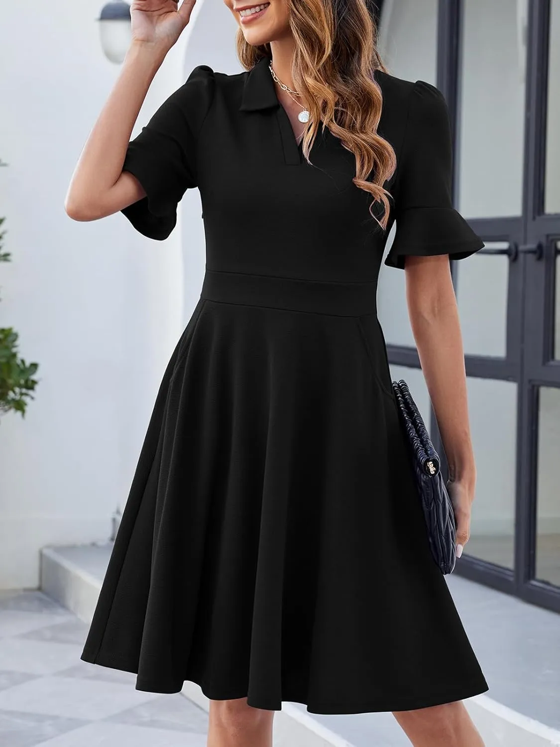 Womens Summer Ruffle Sleeve Collared V Neck Fit and Flare Elegant A line Swing Dresses with Pockets
