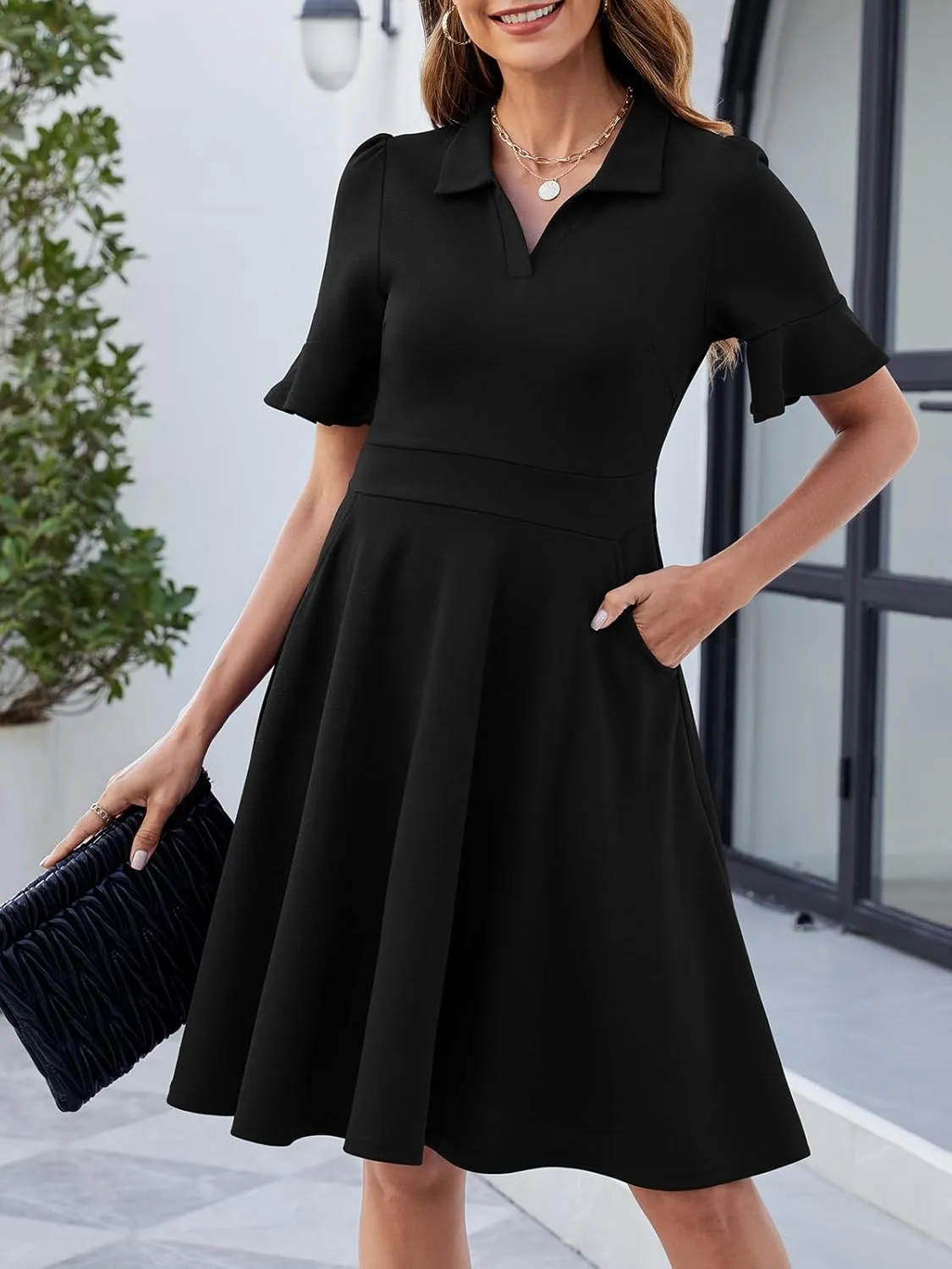 Womens Summer Ruffle Sleeve Collared V Neck Fit and Flare Elegant A line Swing Dresses with Pockets