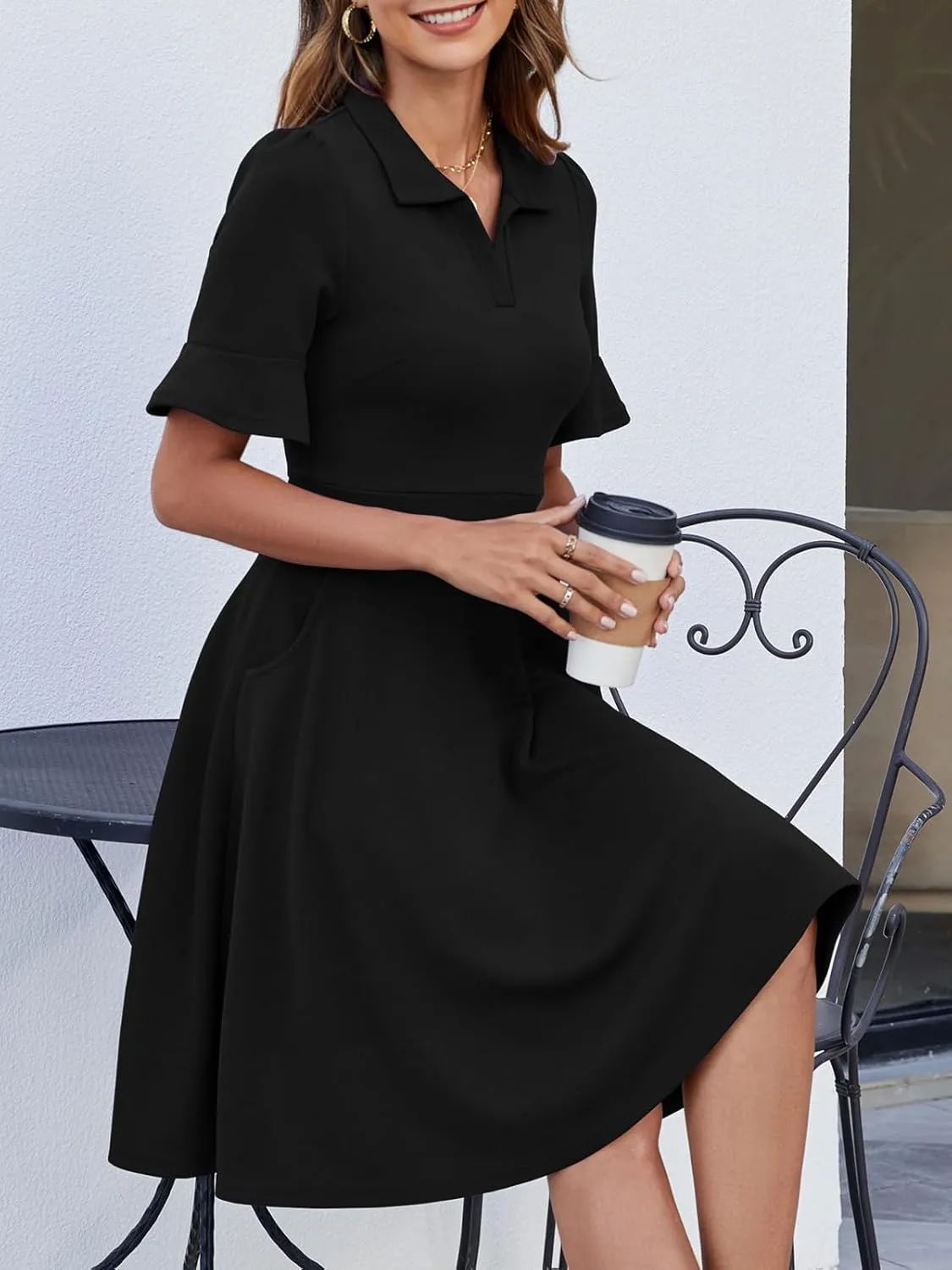 Womens Summer Ruffle Sleeve Collared V Neck Fit and Flare Elegant A line Swing Dresses with Pockets