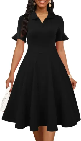 Womens Summer Ruffle Sleeve Collared V Neck Fit and Flare Elegant A line Swing Dresses with Pockets