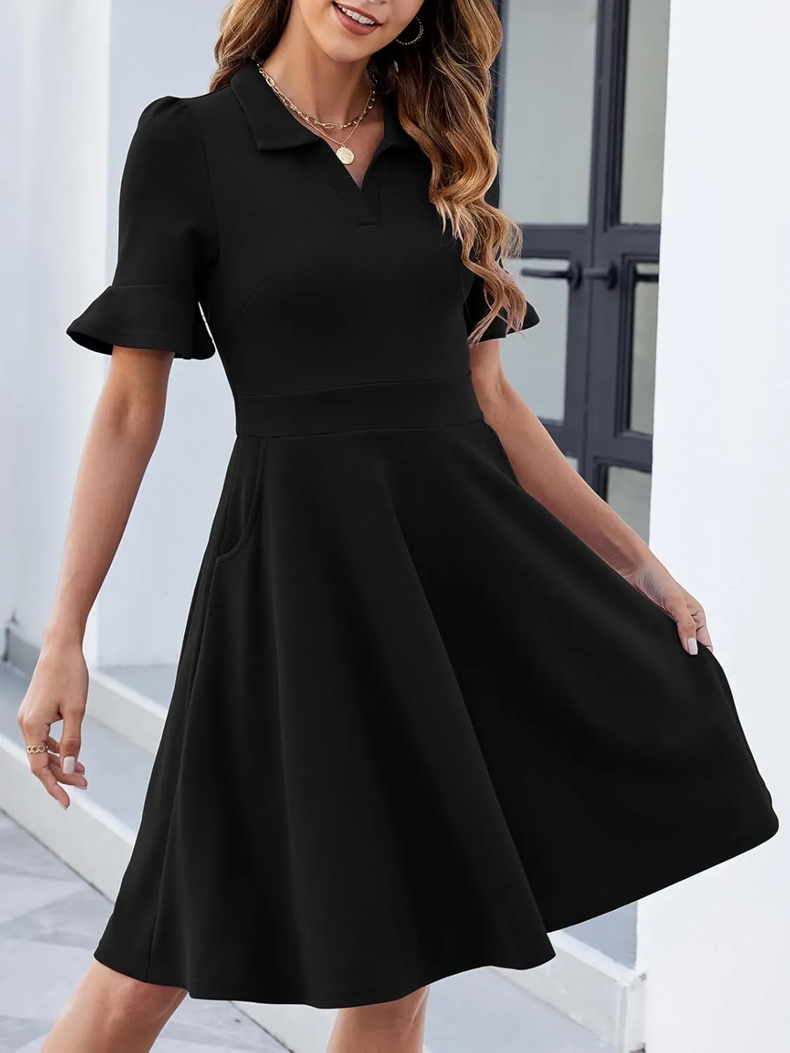 Womens Summer Ruffle Sleeve Collared V Neck Fit and Flare Elegant A line Swing Dresses with Pockets