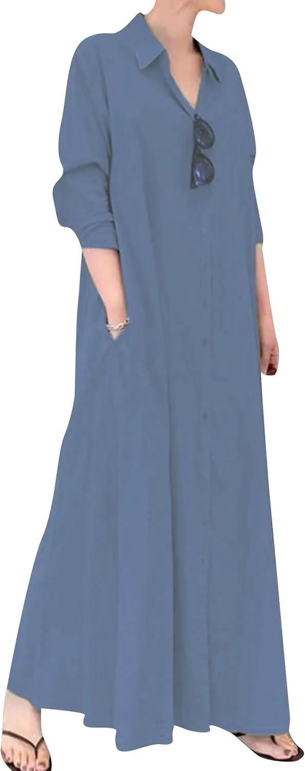 YMING Womens Cotton and Linen Shirt Dress Casual Loose Blouse Dress Solid Color Maxi Dresses Plus Size