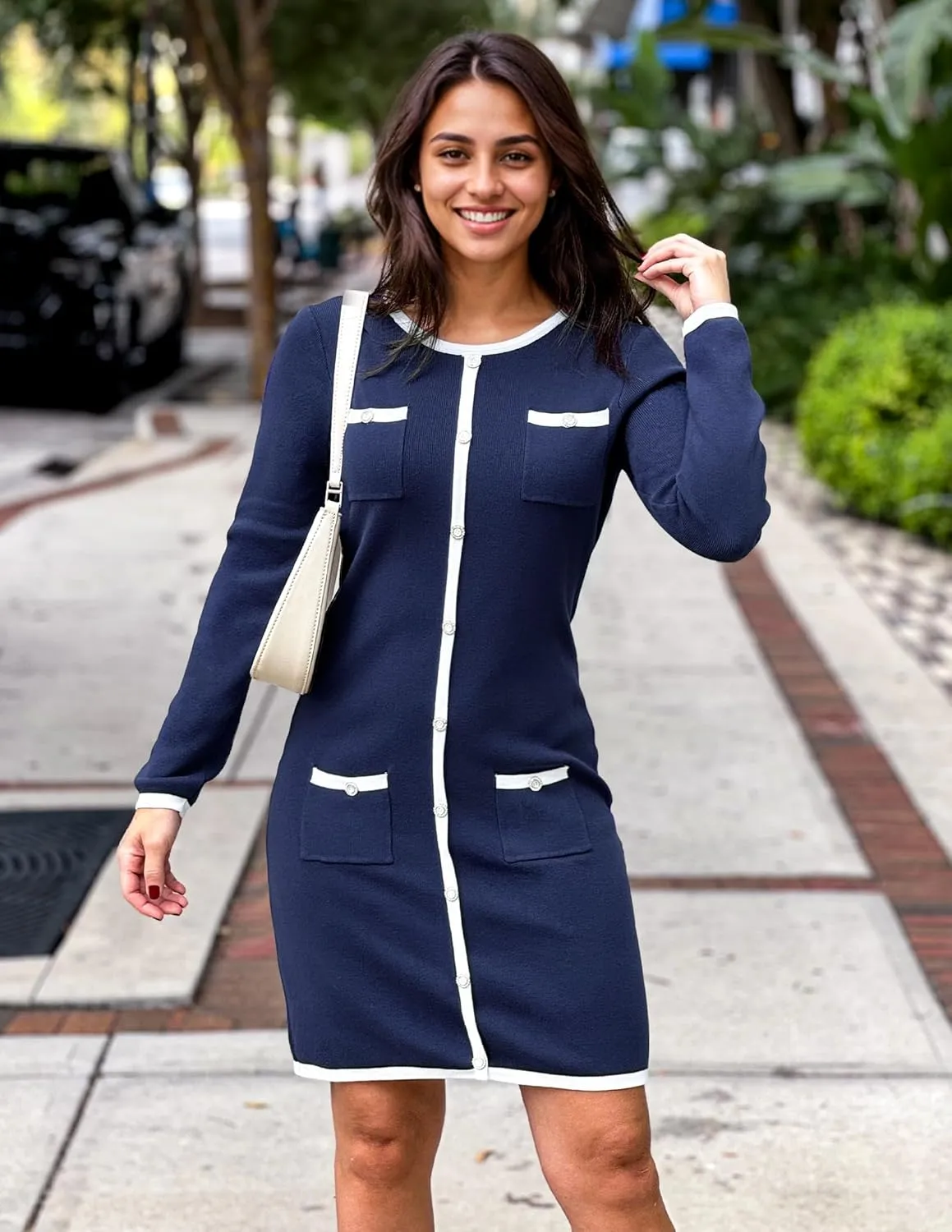 ZESICA Fall Dresses for Women 2025 Long Sleeve Button Color Block Knit Bodycon Short Sweater Dresses with Pockets