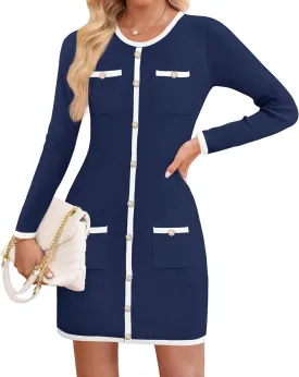 ZESICA Fall Dresses for Women 2025 Long Sleeve Button Color Block Knit Bodycon Short Sweater Dresses with Pockets