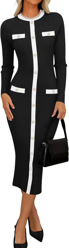 ZESICA Women's Ribbed Crewneck Sweater Dress 2024 Fall Winter Long Sleeve Button Color Block Knit Midi Dresses