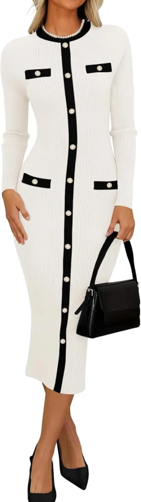 ZESICA Women's Ribbed Crewneck Sweater Dress 2024 Fall Winter Long Sleeve Button Color Block Knit Midi Dresses