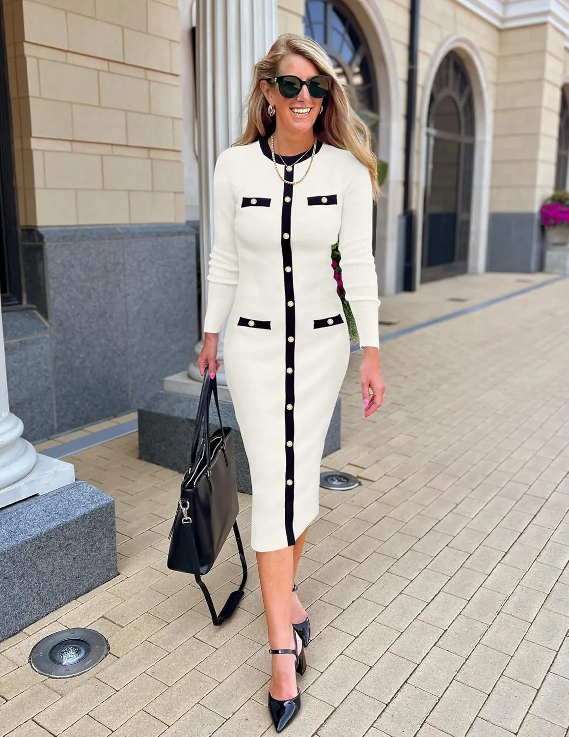 ZESICA Women's Ribbed Crewneck Sweater Dress 2024 Fall Winter Long Sleeve Button Color Block Knit Midi Dresses