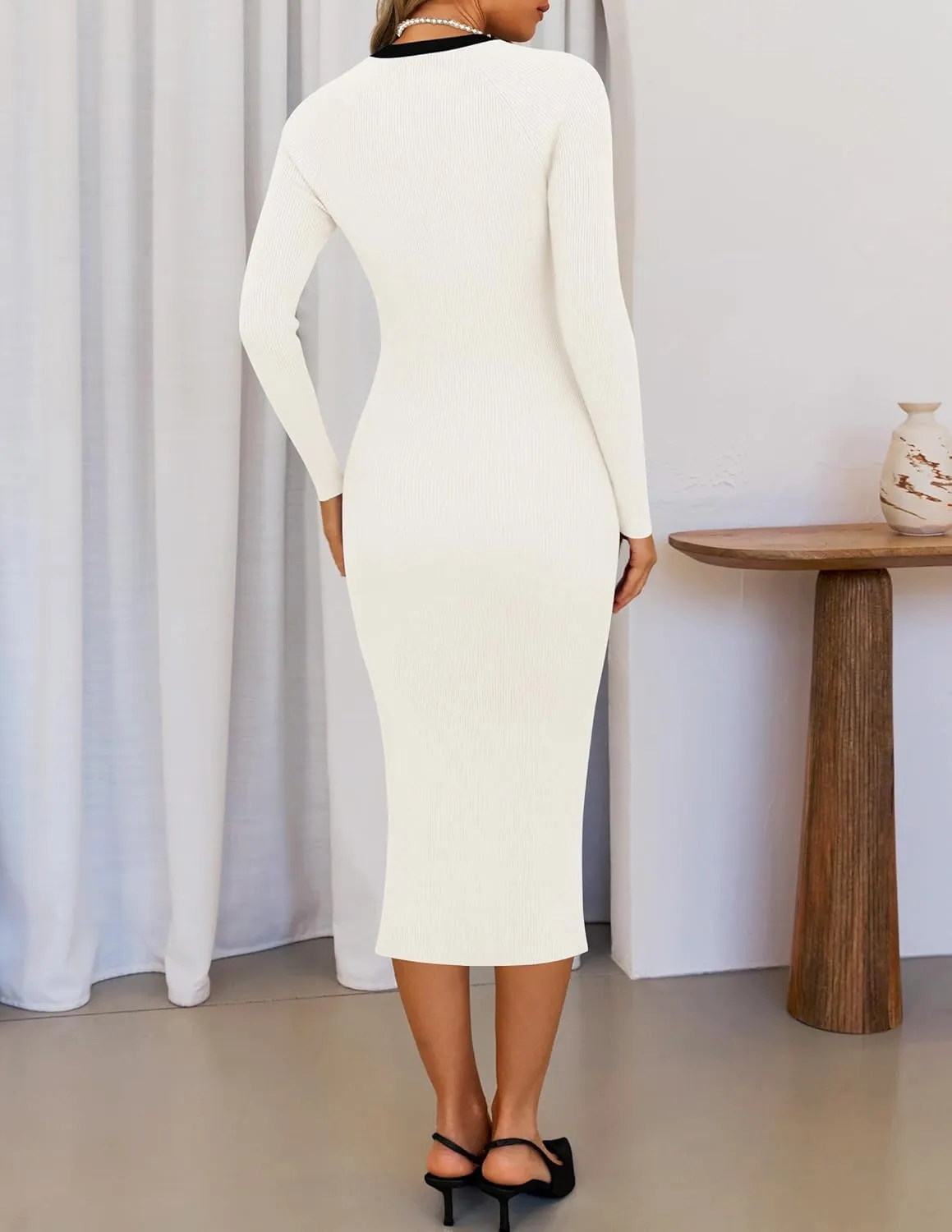 ZESICA Women's Ribbed Crewneck Sweater Dress 2024 Fall Winter Long Sleeve Button Color Block Knit Midi Dresses