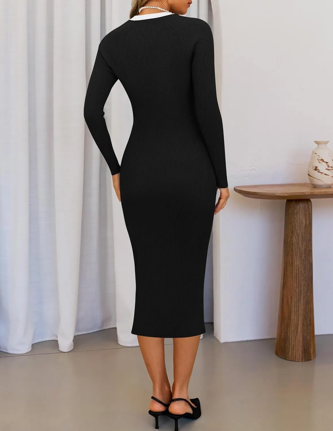 ZESICA Women's Ribbed Crewneck Sweater Dress 2024 Fall Winter Long Sleeve Button Color Block Knit Midi Dresses