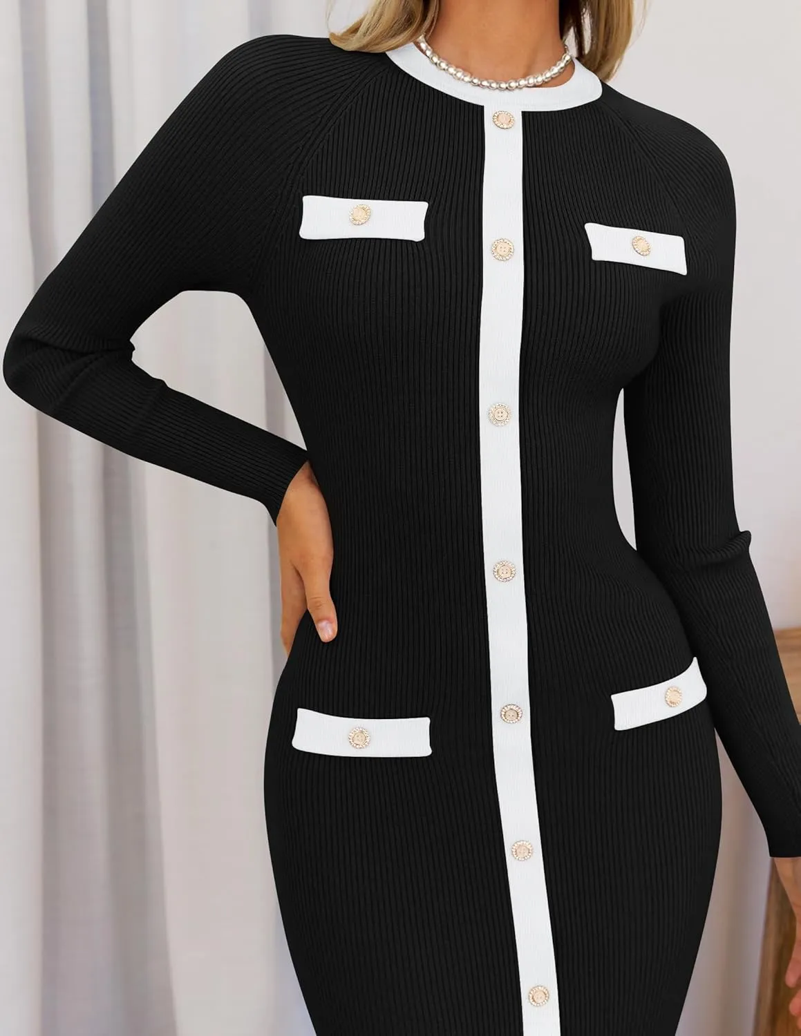 ZESICA Women's Ribbed Crewneck Sweater Dress 2024 Fall Winter Long Sleeve Button Color Block Knit Midi Dresses