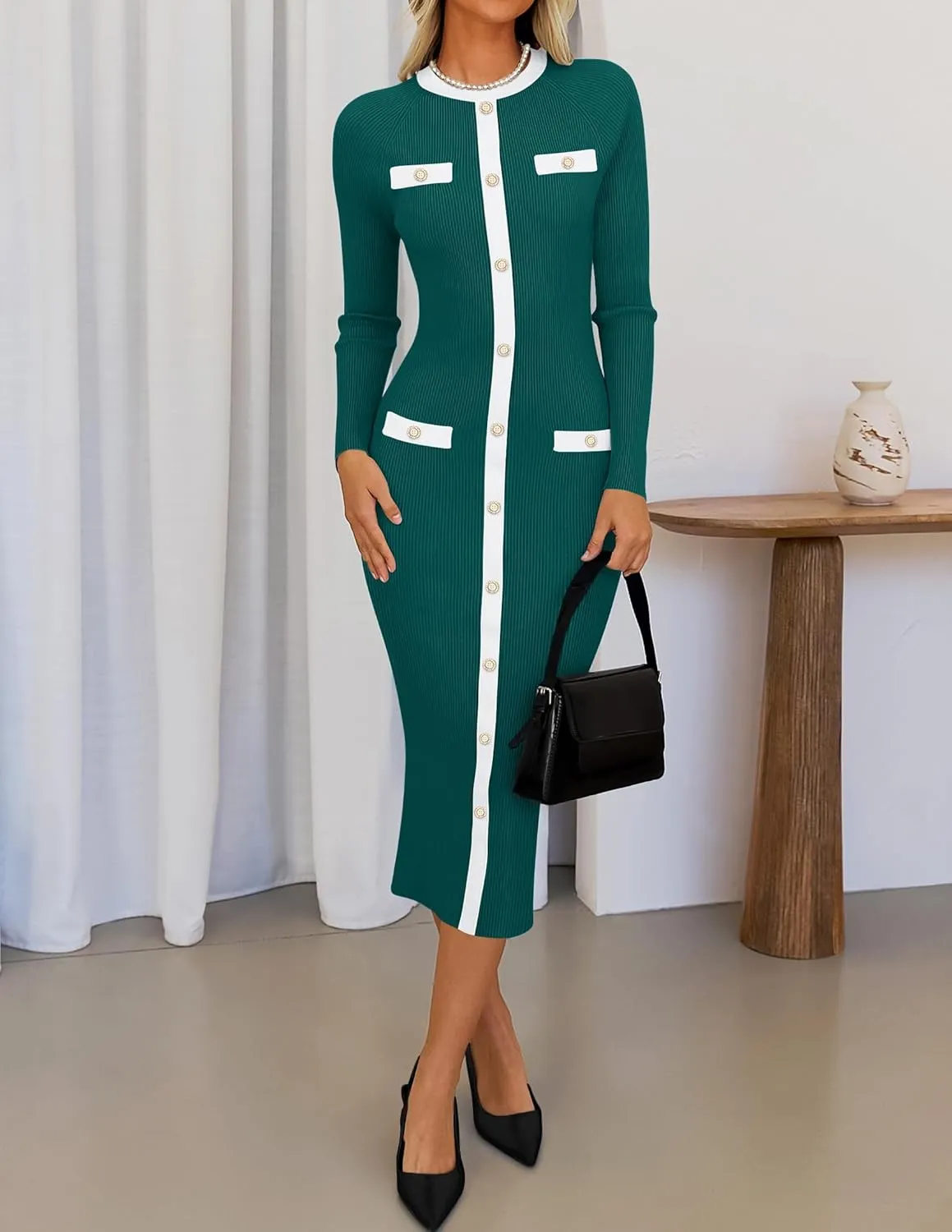 ZESICA Women's Ribbed Crewneck Sweater Dress 2024 Fall Winter Long Sleeve Button Color Block Knit Midi Dresses