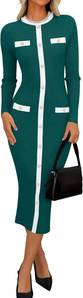 ZESICA Women's Ribbed Crewneck Sweater Dress 2024 Fall Winter Long Sleeve Button Color Block Knit Midi Dresses