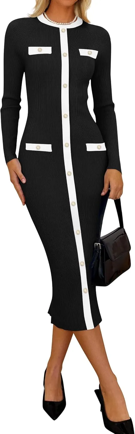 ZESICA Women's Ribbed Crewneck Sweater Dress 2024 Fall Winter Long Sleeve Button Color Block Knit Midi Dresses