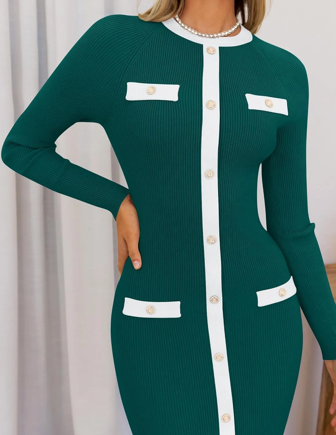 ZESICA Women's Ribbed Crewneck Sweater Dress 2024 Fall Winter Long Sleeve Button Color Block Knit Midi Dresses
