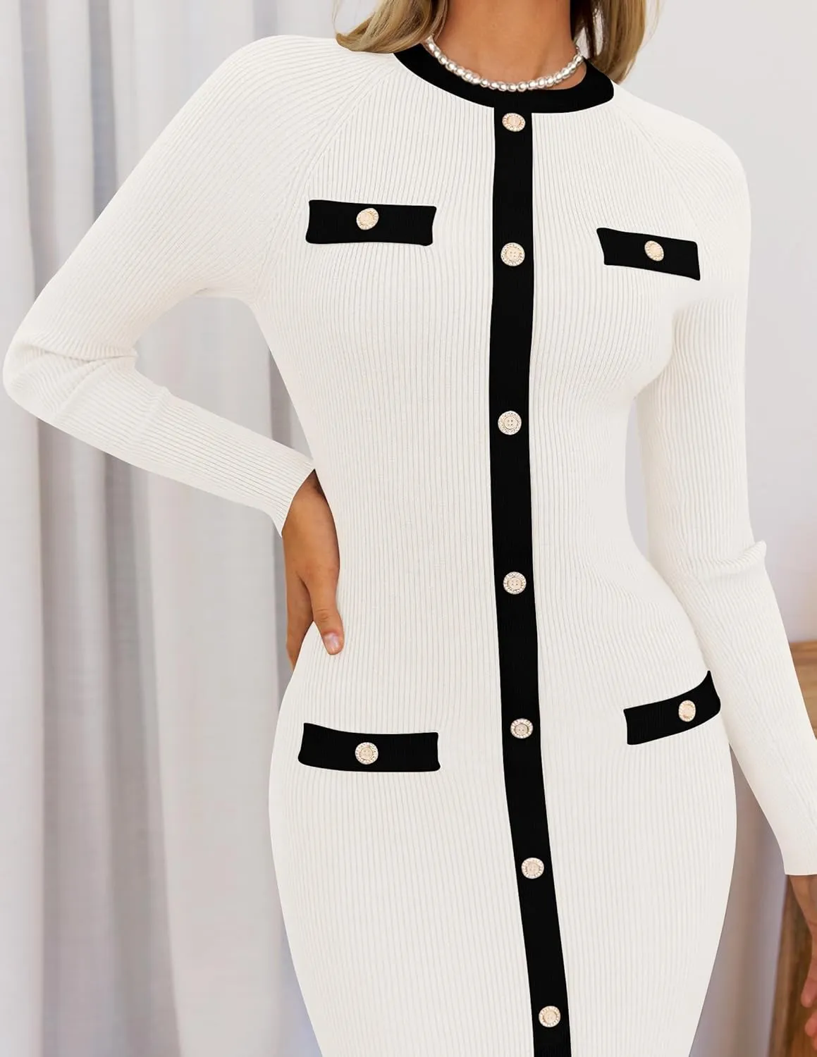 ZESICA Women's Ribbed Crewneck Sweater Dress 2024 Fall Winter Long Sleeve Button Color Block Knit Midi Dresses