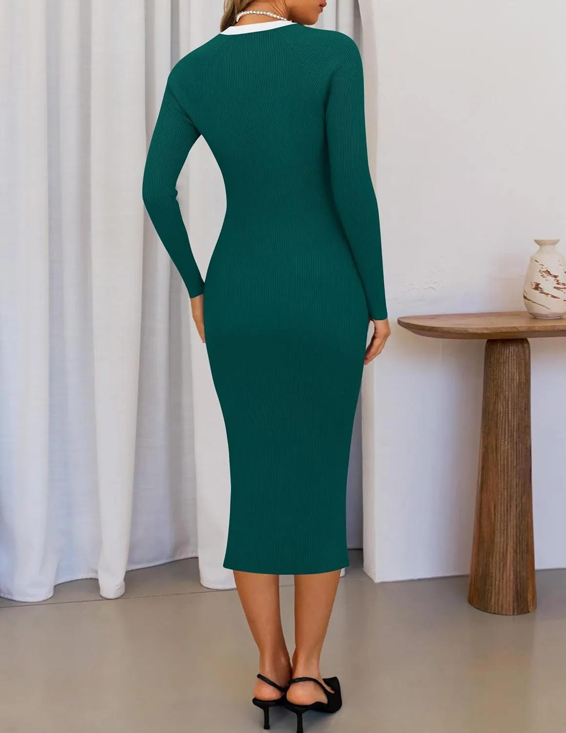 ZESICA Women's Ribbed Crewneck Sweater Dress 2024 Fall Winter Long Sleeve Button Color Block Knit Midi Dresses