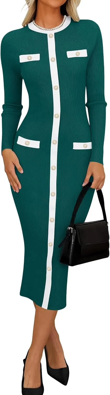 ZESICA Women's Ribbed Crewneck Sweater Dress 2024 Fall Winter Long Sleeve Button Color Block Knit Midi Dresses