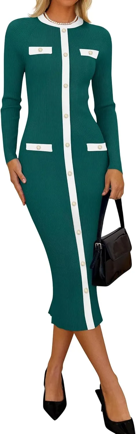 ZESICA Women's Ribbed Crewneck Sweater Dress 2024 Fall Winter Long Sleeve Button Color Block Knit Midi Dresses